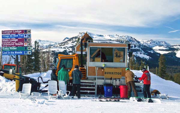 Farther south in California, but at much higher elevation, we found one crew that would go to any extremes to bring hungry skiers a burrito on the half-pipe. To serve the skiers’ appetites for tasty tacos on the slopes of Mammoth Mountain, California, these enterprising and adventurous chefs adapted a Sno-Cat to bring the heat and flavours of Mexican right to the top of the mountain.