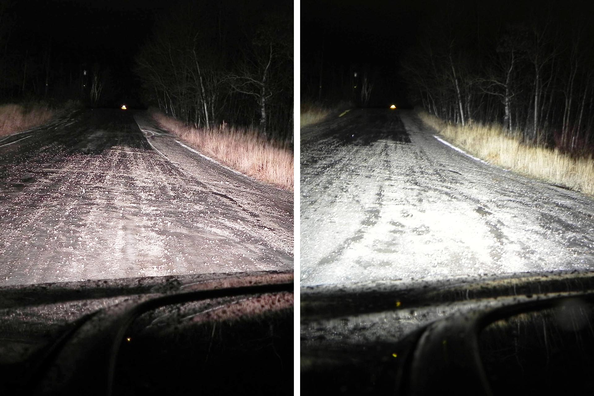 Here, you can see the difference in lighting output and saturation after installing a drop-in xenon lighting kit. Note the whiter, farther-reaching light and reduced dark spots on the road ahead.
