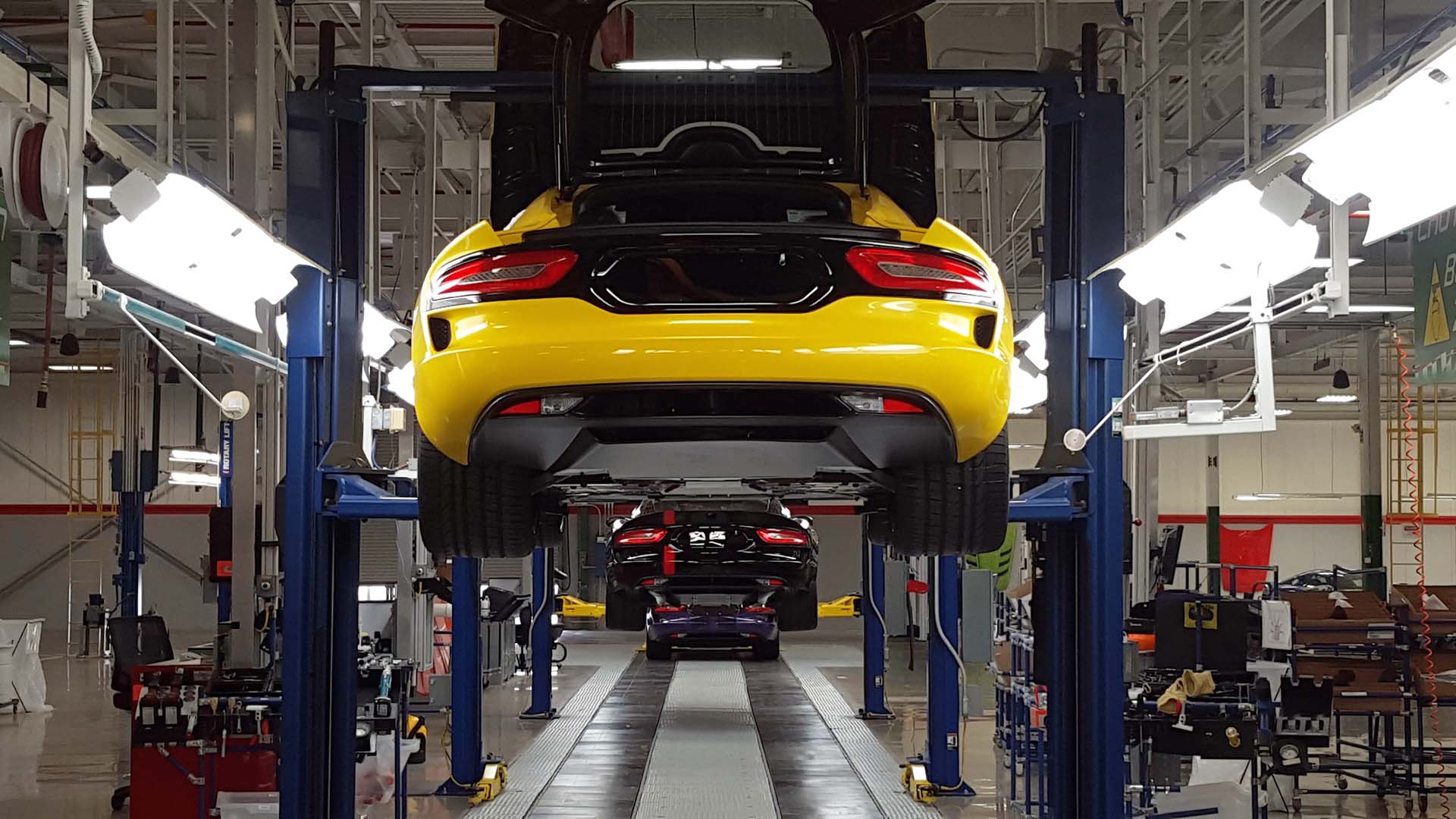 At present, Conner Avenue Assembly is producing just 3 Dodge Vipers per day. In this photo, a full day’s worth of production waits for finishing touches on the assembly line. The plant can build up to 12 cars per day, when required. Each car is hand-assembled and uniquely finished to its owner’s individual tastes.