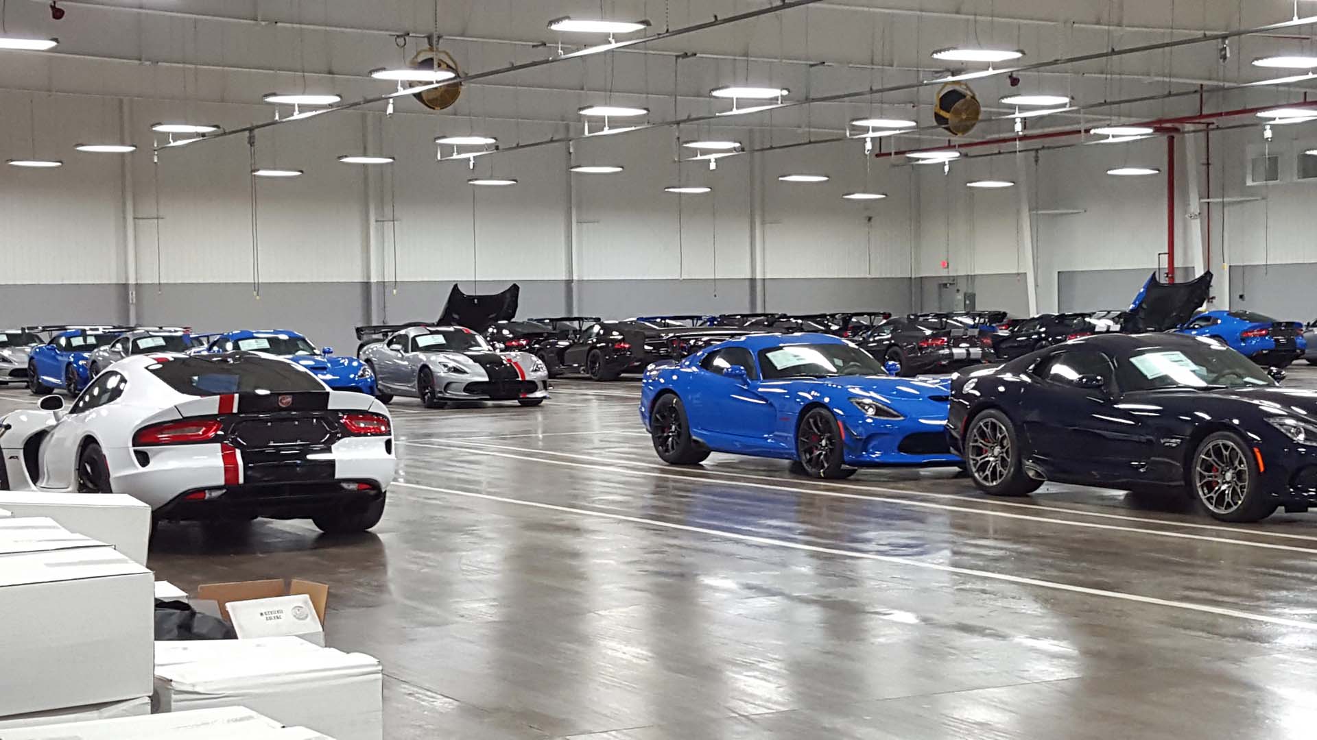 This room contains completed Dodge Vipers, which are ready to be sent to their happy owners around the globe. Each one is different, custom built, and exclusive. With a special custom-ordering process, Dodge won’t sell a Viper with the same colour scheme as yours for a full year after you order it, ensuring you’re driving a truly one-of-a-kind car. Special trucks pick the Vipers up from this climate-controlled storeroom when they’re ready for delivery. Owners can pick their new car up at the factory too, and meet its builders, if they like.
