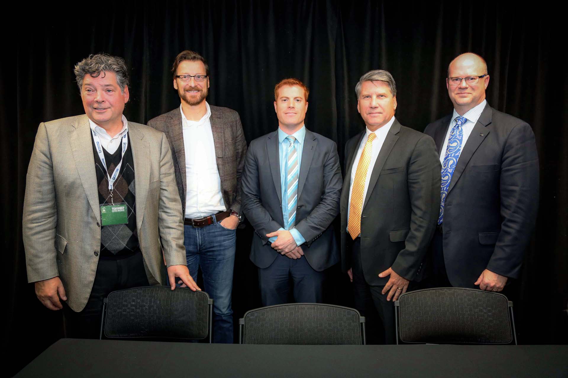 From left: David Paterson, Vice President of Corporate Affairs, General Motors of Canada; Wolfgang Hoffmann, President, Jaguar Land Rover Canada; François Lefèvre, Chief Marketing Manager – Nissan Leaf, Nissan Canada; Don Romano, President and CEO, Hyundai Canada; Ted Lancaster, Vice-President and COO, Kia Canada